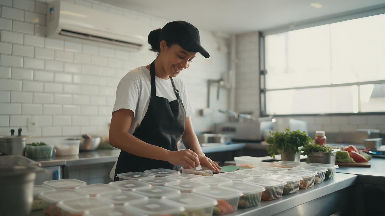 Cozinheira colando etiqueta em pote de comida numa cozinha organizada